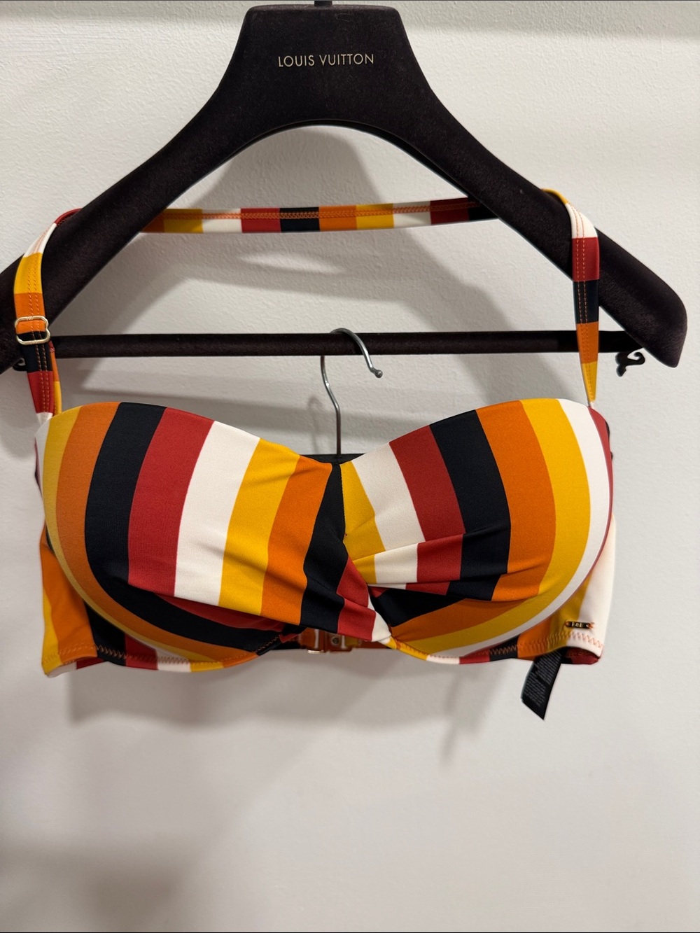 F&F Striped Twist Bandeau Bikini Top in Red, Orange, Yellow, Black and Cream